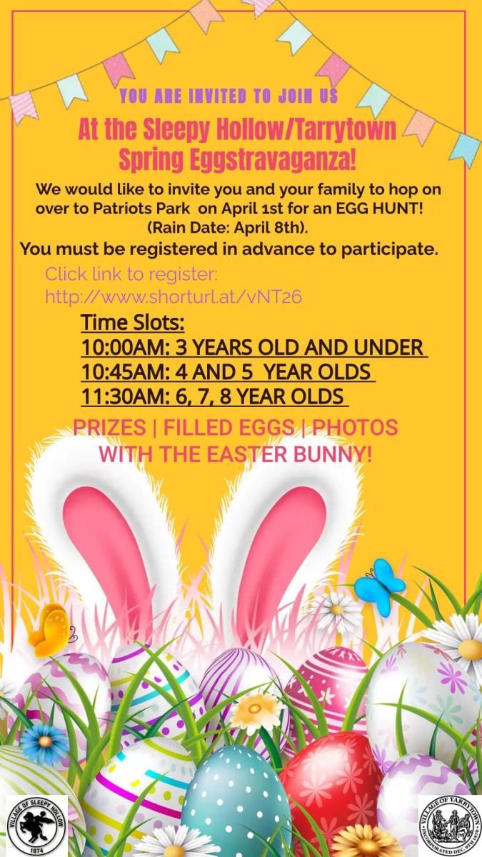 Egg Hunt Flyer for April 8 2023 in Patriots Park
