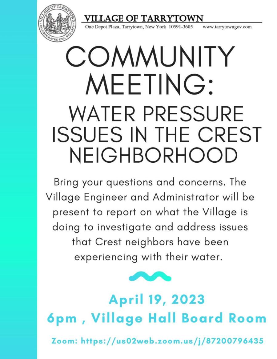 Flyer for Community Meeting about Crest Neighborhood Water Pressure 